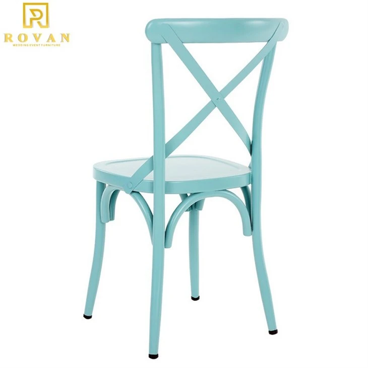 blue metal cross back chair